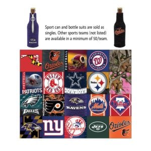 Product: Sports themed neoprene 12 oz. bottle suits with zippers, item # BSUIT-SP